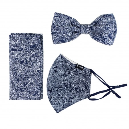 Bow Tie and Mask Set with Navy Blue Bandana Print