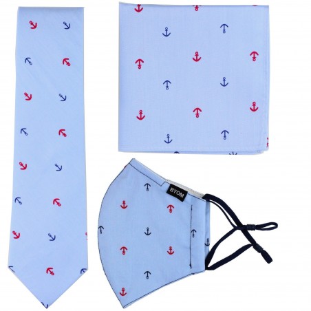 Skinny Cotton Tie + Mask with Anchor Prints