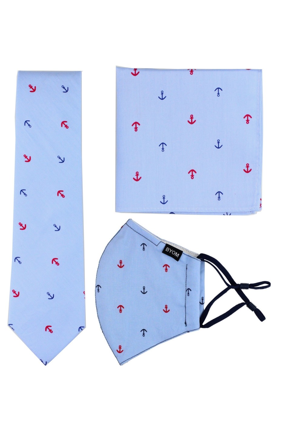 Skinny Cotton Tie + Mask with Anchor Prints