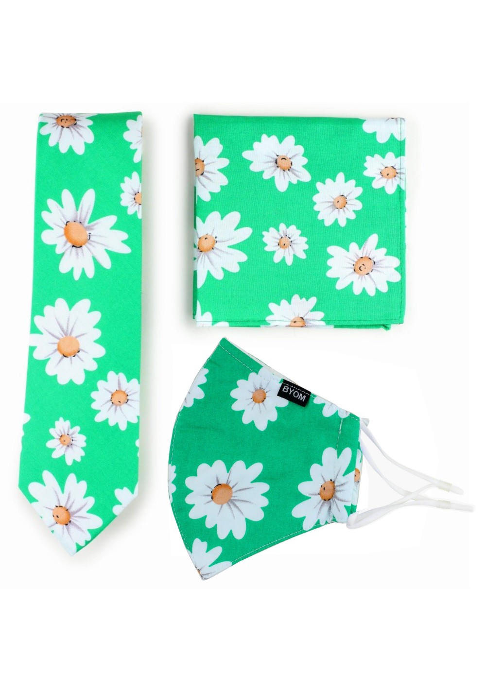 Spring Green Daisy Print Tie + Mask Set