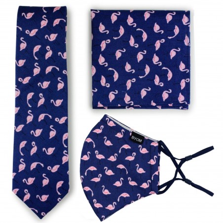 Flamingo Print Skinny Tie + Face Mask Set