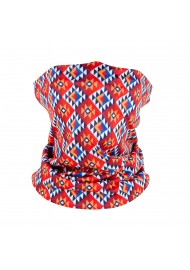 neck gaiter in red and orange tribal print