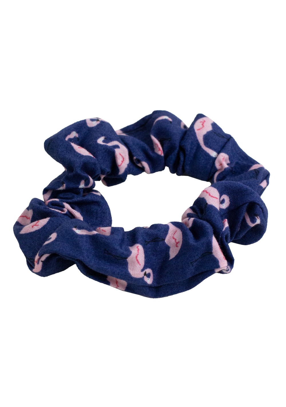 flamingo print scrunchie in navy and pink
