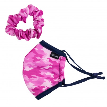 camo print face mask and matching scrunchie in bright pink