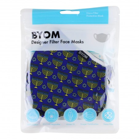 Hanukkah Print Face Mask in Blue and Gold in Bag