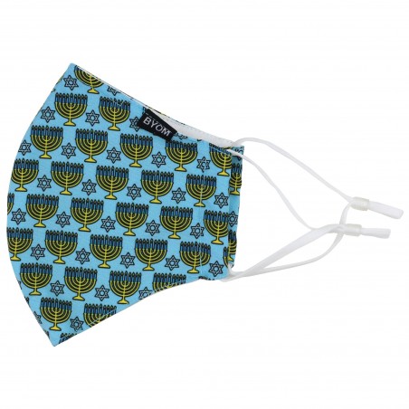 Menorah Print Mask in Turquoise and Gold Flat
