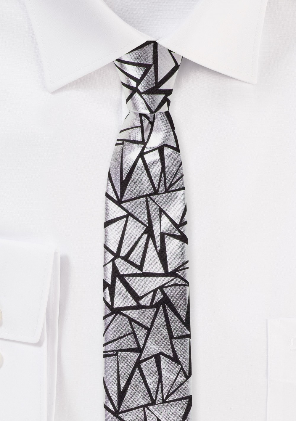 Geo Print Skinny Tie in Black and Metallic Silver