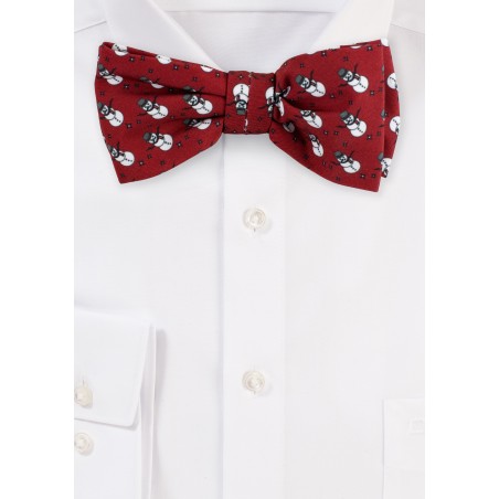 Cherry Red Bow Tie with Snowman Print