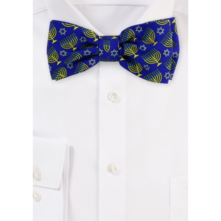 Blue Bow Tie with Menorahs and Stars of David