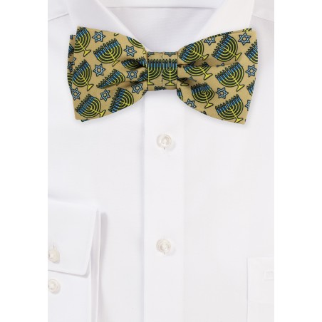 Gold Bow Tie with Stars of David and Menorahs
