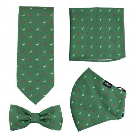 Dark Green Reindeer Print Mask and Tie Set