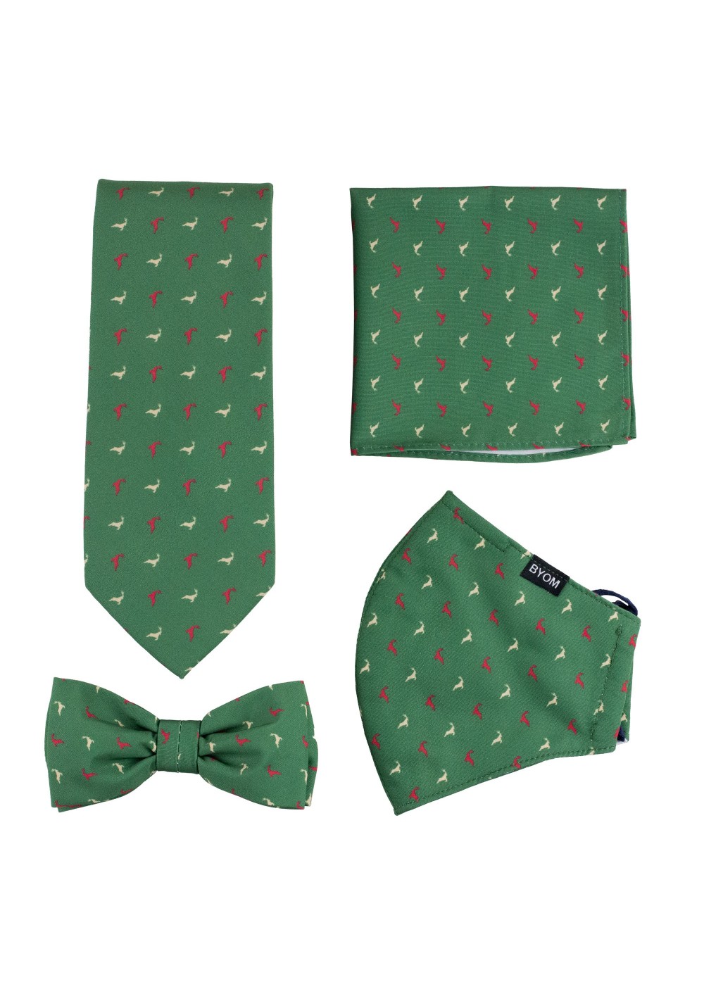 Dark Green Reindeer Print Mask and Tie Set