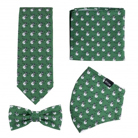 Dark Green Mask and Tie Set with Tiny Snowmen