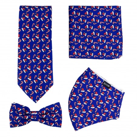 Blue Mask and Tie Set with Fun Santa Hat Print