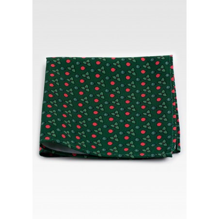 Dark Green Holiday Pocket Square with Holly Leaves