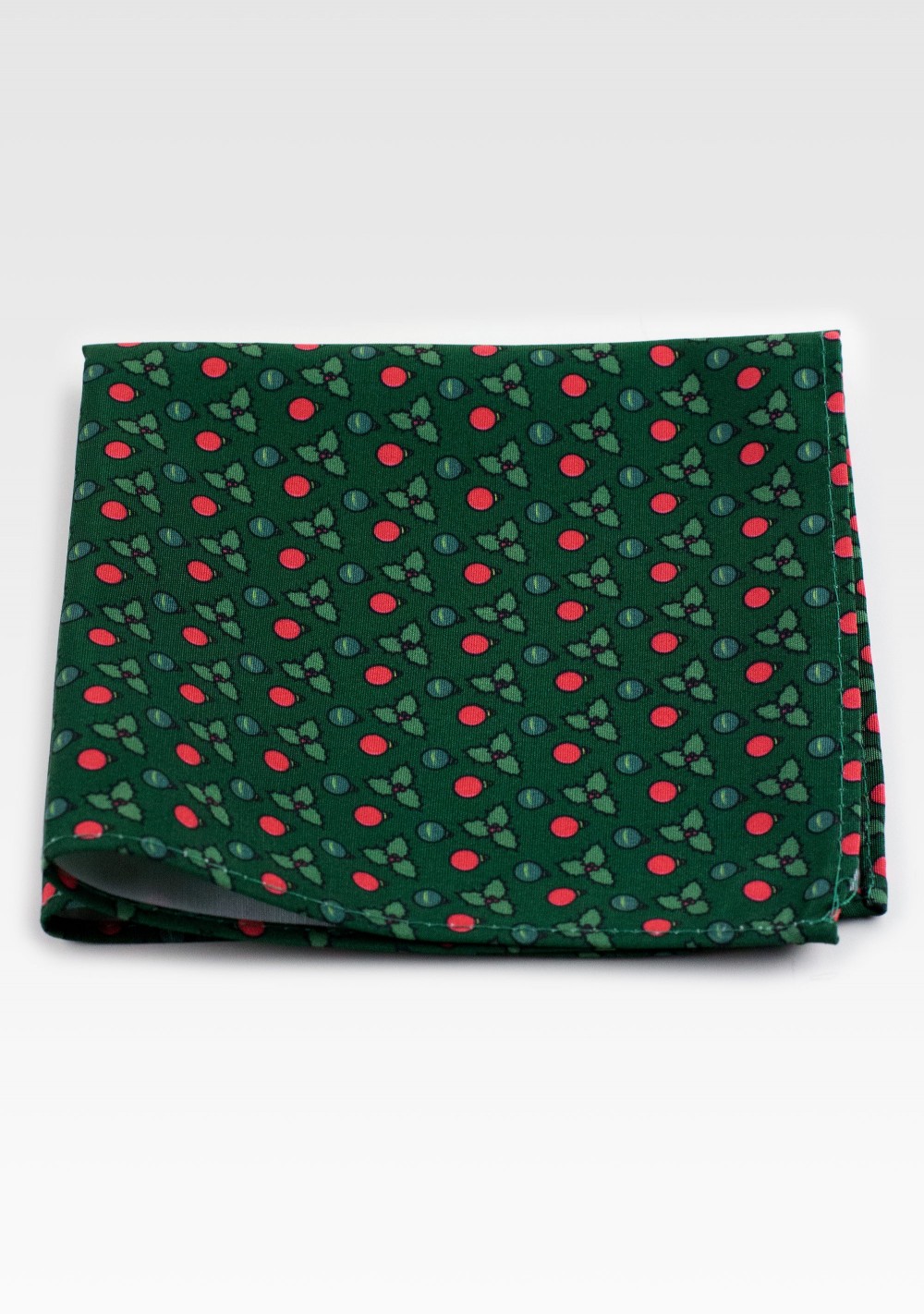Dark Green Holiday Pocket Square with Holly Leaves