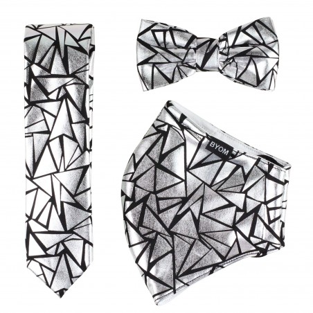 Geo Print Tie and Mask Set in Metallic Silver and Black