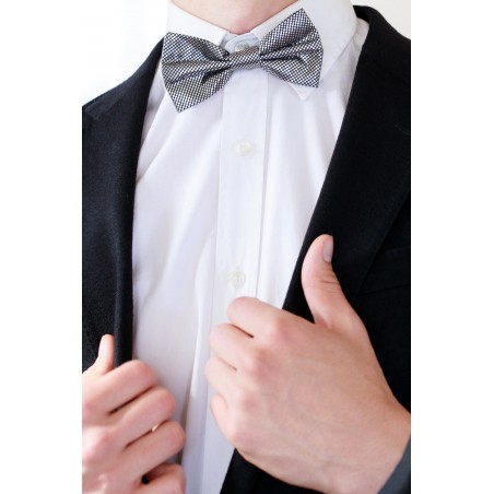 NYE Designer Bow Tie in Metallic Silver and Black Styled