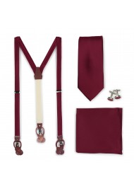 Wedding Suspender and Necktie Set in Wine Red