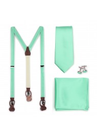 Shiny Mint Colored Suspender and Necktie Combo Set