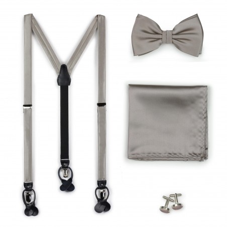 Elegant Silver Gray Suspenders Bow Tie Set