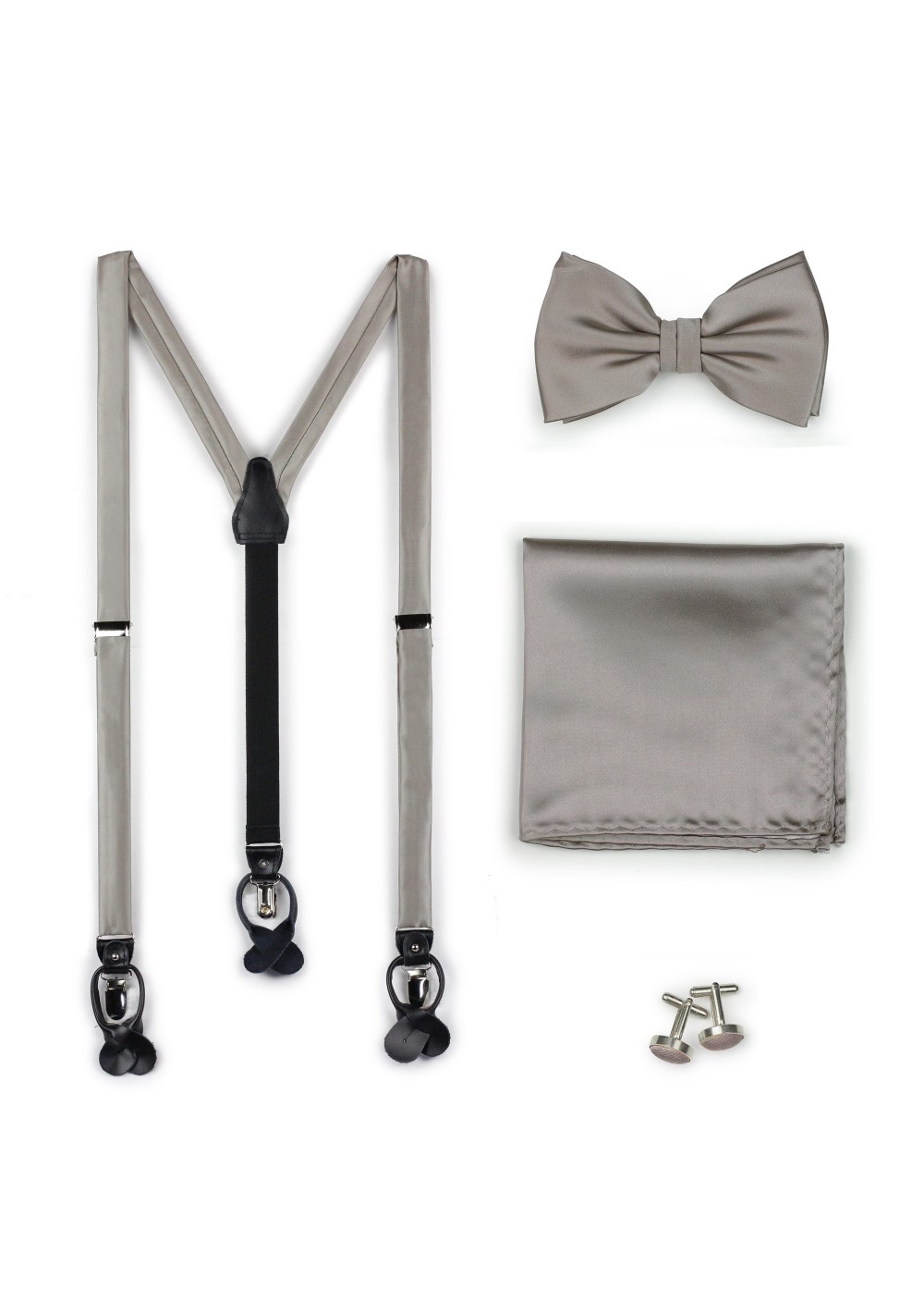 Elegant Silver Gray Suspenders Bow Tie Set
