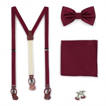 Wine Red Satin Suspender BowTie Set