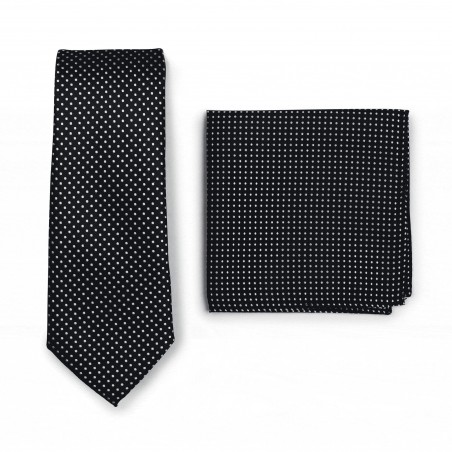 Slim Pin Dot Tie and Hanky Set in Black