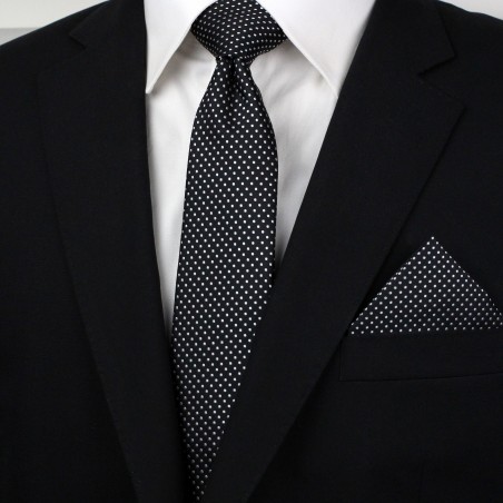 Slim Pin Dot Tie and Hanky Set in Black Styled