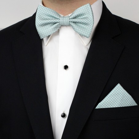Mint Pin Dot Bowtie and Hanky Set Styled
