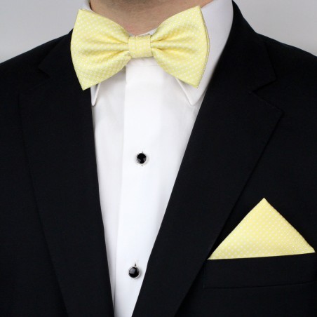 Soft Yellow Pin Dot Bow Tie Set Styled