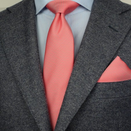 Matte Textured Tie + Hanky in Neon Coral Styled