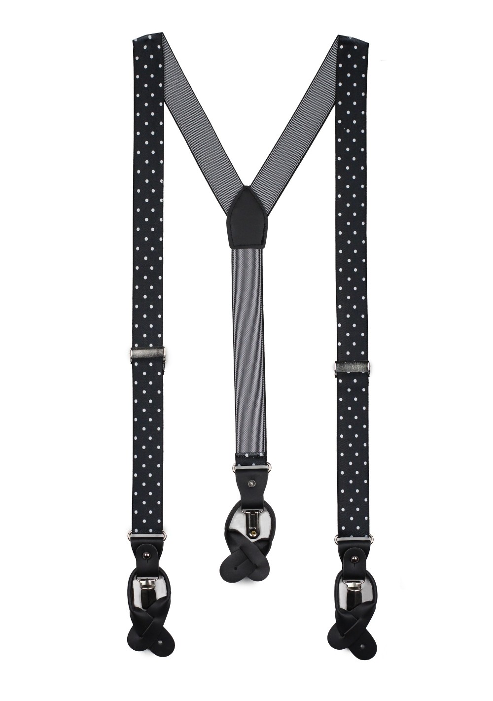 black suspenders with large white polka dots