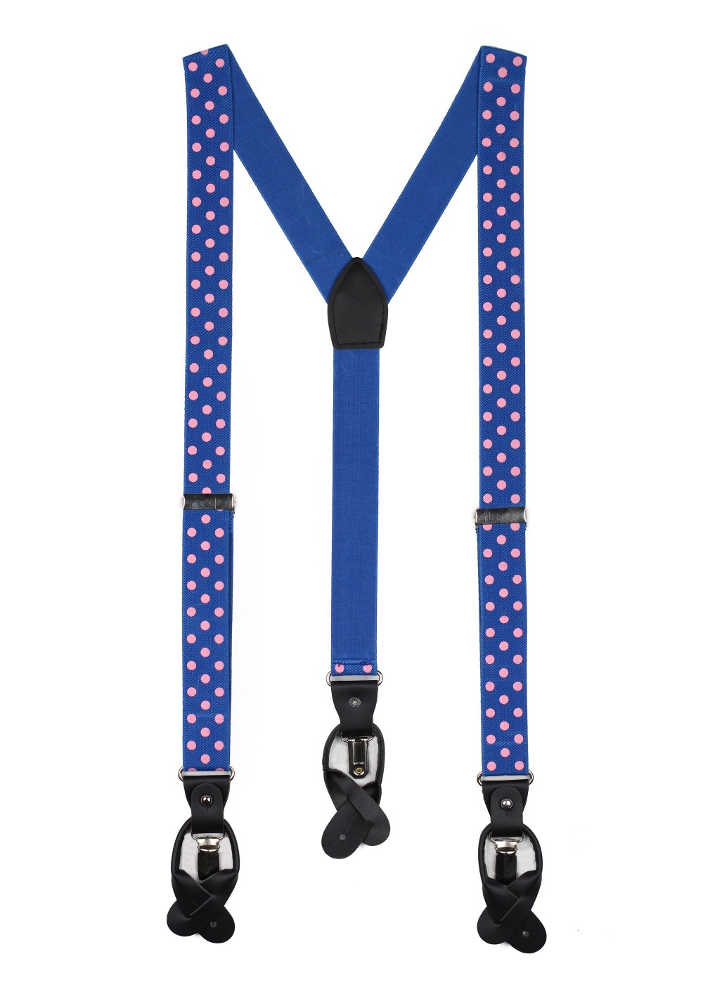 royal blue suspenders with pink polka dots