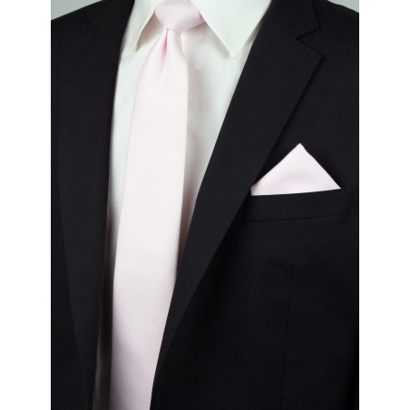 Blush Pink Skinny Tie Set Styled with Pocket Square