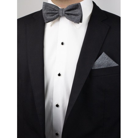Charcoal Bow Tie and Pocket Square Set Styled