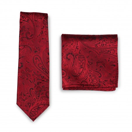 Modern Paisley Tie and Pocket Square Set in Ruby Red
