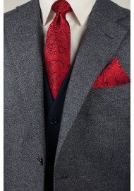 Modern Paisley Tie and Pocket Square Set in Ruby Red Styled