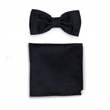 Paisley Mens Bow Tie and Pocket Square Set in Black