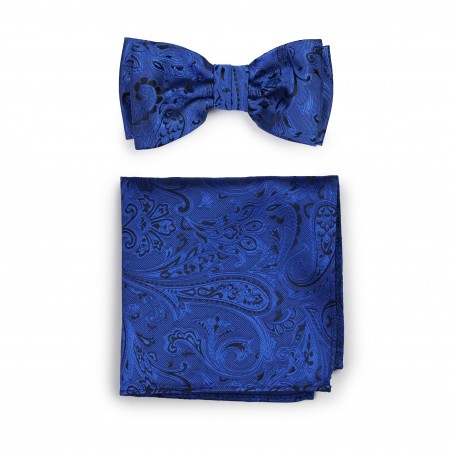 Pre-Tied Paisley Bow Tie in Royal Blue with matching Pocket Square