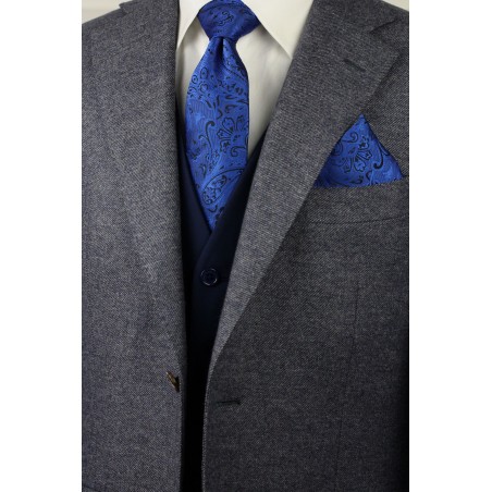 Mens Wedding Paisley Tie in Royal with matching Pocket Square styled