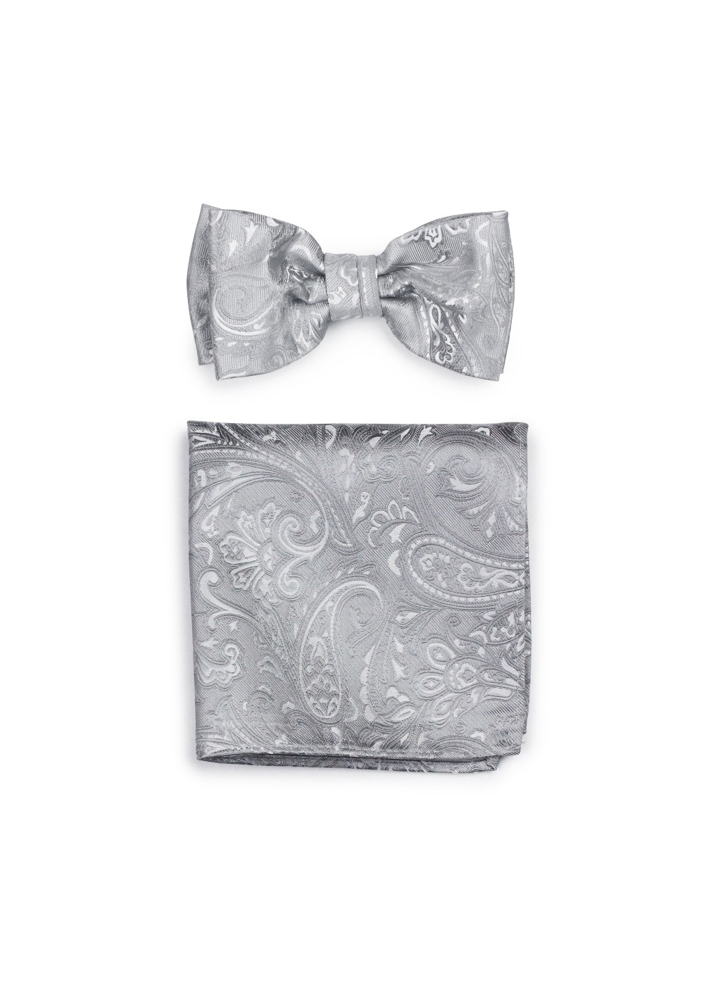 Dressy Paisley Bow Tie and Pocket Square Combo Set in Silver