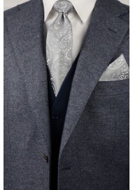 Dress Necktie in Silver with matching Pocket Square styled with Suit Jacket