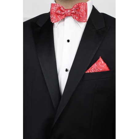 Woven Paisley Bow Tie and Pocket Square Set in Poppy Red Styled