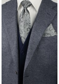 Woven Paisley Tie and Pocket Square Combo in Mercury Silver Styled