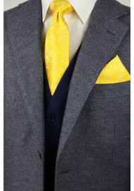 Canary Yellow Paisley Necktie and matching Pocket Square Styled