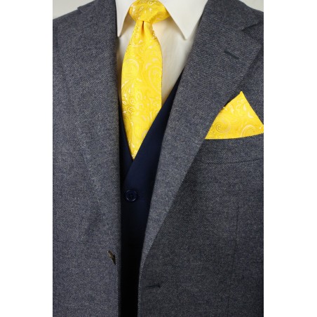 Canary Yellow Paisley Necktie and matching Pocket Square Styled