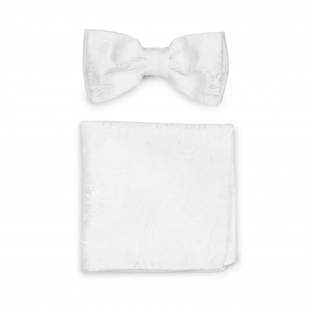 Solid Bright White Paisley Bow Tie and Pocket Square Set