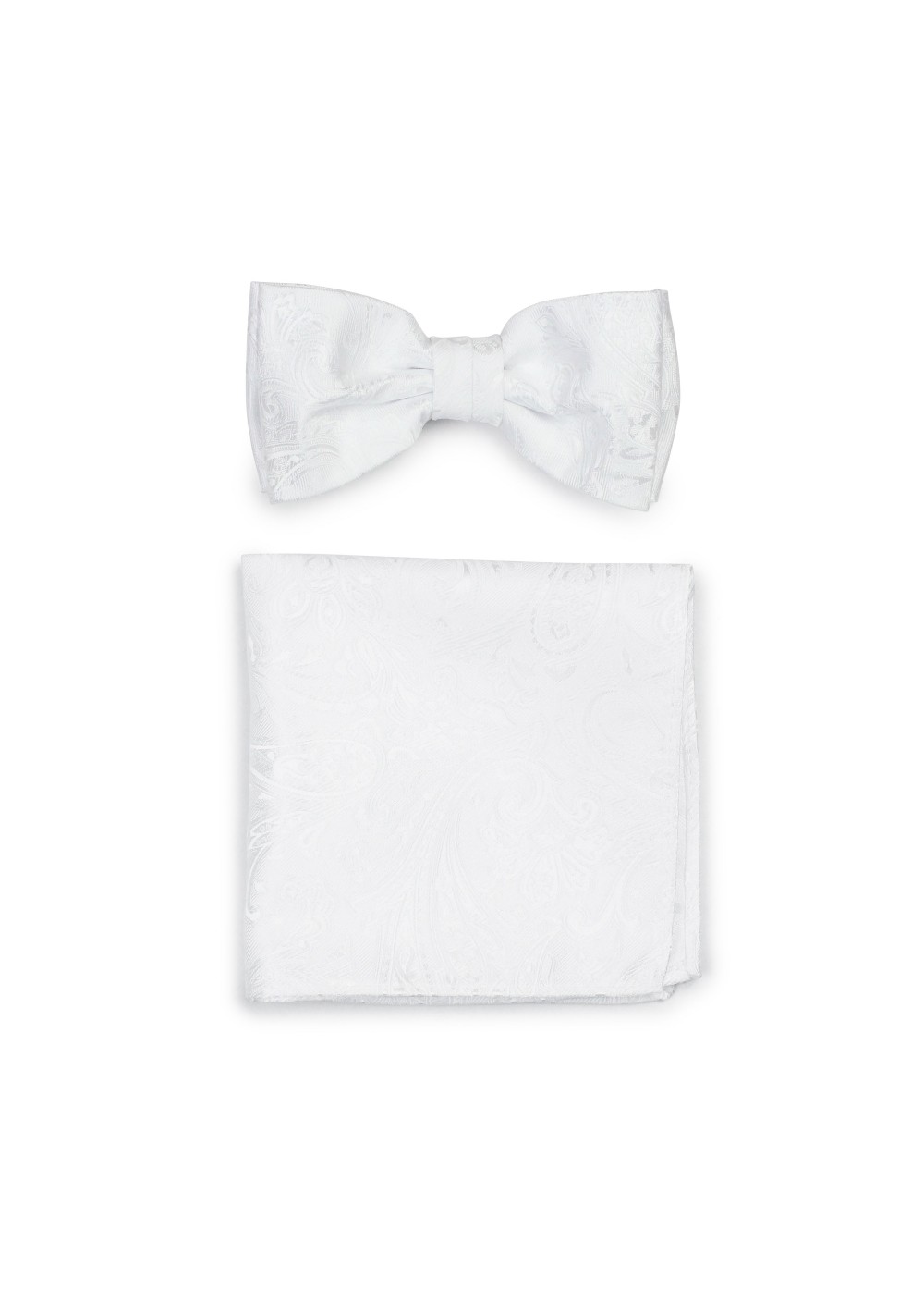 Solid Bright White Paisley Bow Tie and Pocket Square Set