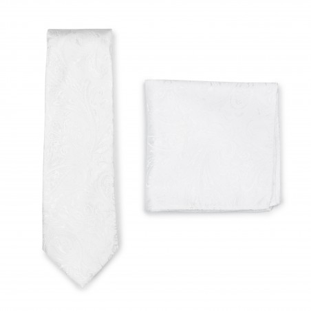 Bright White Woven Paisley Necktie and Pocket Square Combo Set